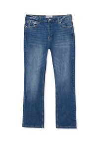 Jeans de denim azul oscuro con un diseño de pierna recta, que cuentan con cinco bolsillos, cremallera y un ligero desgastado en la parte delantera.