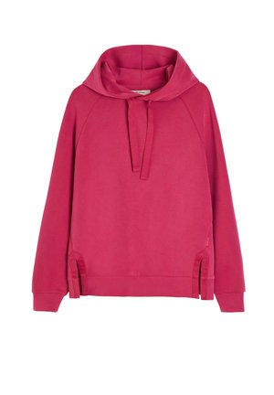 Bluza z długim rękawem w kolorze fuksji, z kapturem ze sznurkiem, ściągaczami na mankietach oraz bocznymi rozcięciami przy dolnym brzegu po obu stronach.