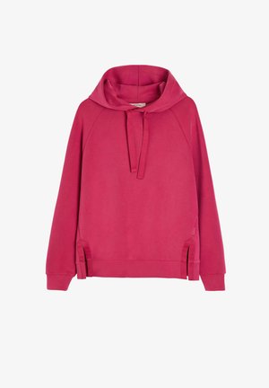 Bluza z długim rękawem w kolorze fuksji, z kapturem ze sznurkiem, ściągaczami na mankietach oraz bocznymi rozcięciami przy dolnym brzegu po obu stronach.