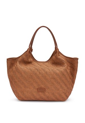 Sac fourre-tout marron texturé avec deux poignées et un motif diagonal subtil, ouverture large et étiquette de marque rectangulaire à l'avant.