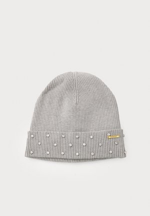 Gray ribbed knit beanie with a turned-up cuff, adorned with silver studs, featuring a gold tag that reads "TWINSET."