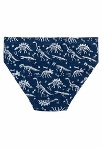 Mutande blu navy con un motivo di scheletri di dinosauri bianchi, che presenta varie specie e impronte. Realizzate in cotone con cintura elastica.