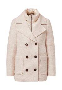 Hellbeige, doppelt geknöpfter Wollmantel mit großen Revers, zwei Fronttaschen, dunklen Knöpfen und einer inneren gepolsterten Zipper-Schicht mit hohem Kragen.