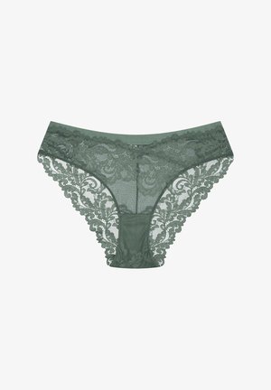 Zielone koronkowe majtki z kwiatowym wzorem, z siateczkowym ciałem, falbaniastymi brzegami i miękkim paskiem w talii dla komfortu.