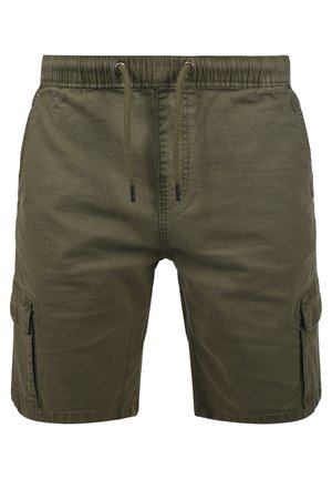 Olive roheline cargo lühikesed püksid, valmistatud kergest kangast, küljetaskudega, elastse vöökoha ja kummipaelaga ning sujuva tekstuuriga.
