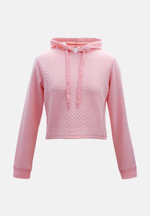 Ροδοκόκκινο κοντό hoodie με μακριά μανίκια, διαθέτοντας υφή ψαροκόκαλου, ρυθμιζόμενη κουκούλα με κορδόνι και ραμμένα μανίκια.