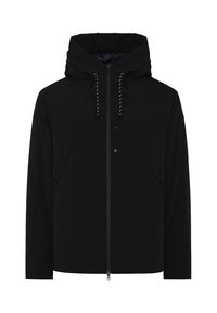 Schwarze Jacke mit Kapuze, vorderem Reißverschluss und Druckknöpfen. Verfügt über elastische Kordeln und Seitentaschen. Glattes, wasserabweisendes Material.