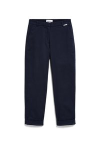 Pantaloni blu navy in cotone, con un design dritto, orli piegati e tasche laterali. Etichetta di branding minimalista sulla vita.