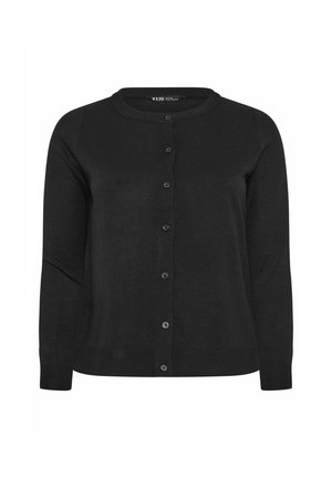 Cardigan nero a maniche lunghe con scollo rotondo, chiusura frontale con bottoni e polsini e orlo a coste.