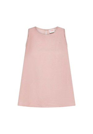 Abito a-line senza maniche rosa pallido con scollo rotondo, cerniera sul retro e piccolo logo ricamato sul petto in alto a sinistra.