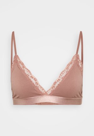 Rose-colored bralette with lace trim along the neckline and a smooth fabric body. Features adjustable straps and a satin-like waistband.