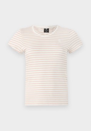 Krótki rękaw T-shirt w kremowym kolorze z poziomymi jasnoróżowymi paskami. Posiada dekolt w kształcie litery V oraz małe logo na klatce piersiowej. Wykonany z bawełnianej tkaniny.