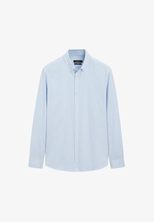 Light blue button-up shirt with vertical white stripes, long sleeves, and a classic collar. Cotton fabric with a smooth texture.