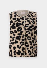 Beige och svart leopardmönstrad knapp-up fleeceväst med rund halsning och kontrastkanter, vikt platt mot vit bakgrund.