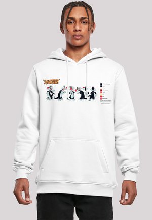 Hvid hoodie med en tegneserie grafik af karakterer med blomstrede detaljer på brystet. Den har en kængurulomme og ribbede manchetter.