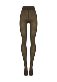 Mørke olivengrønne ribbede strømpebukser med høj talje, som har en glat tekstur og en uigennemsigtig overflade, designet til dækning og varme.