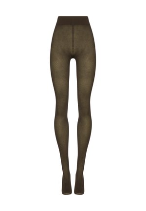 Collant verdi oliva scuro a coste con un alto elastico in vita, caratterizzati da una texture liscia e una finitura opaca, progettati per offrire copertura e calore.