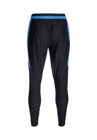 Zwarte sportbroek met blauwe zijaccenten, elastische tailleband, smal model, gladde textuur en geen zichtbare sluitingen of zakken.