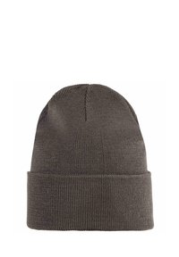 Dunkelgraue Strickmütze mit umgeschlagenem Bündchen, aus strukturiertem Garn gefertigt, mit einer glatten Oberfläche und nahtlosem Oberteil.