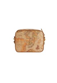 Borsa di forma rettangolare stampata con una mappa marrone, caratterizzata da una superficie testurizzata, accessori dorati e un design nautico antico.