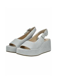 Šedé semišové sandály na wedges s designem peep-toe a nastavitelním řemínkem na patě. Mají širokou platformu a hladký povrch.