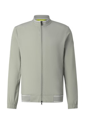 Hellgraue Jacke mit Reißverschluss, Stehkragen, elastischen Bündchen und reflektierenden Streifen am Saum, vorne auf neutralem Hintergrund dargestellt.
