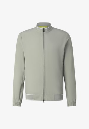 Hellgraue Jacke mit Reißverschluss, Stehkragen, elastischen Bündchen und reflektierenden Streifen am Saum, vorne auf neutralem Hintergrund dargestellt.