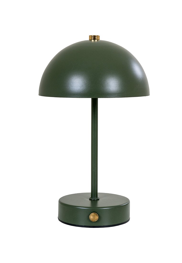 Grüne Metalltischlampe mit schalenförmigem Schirm, glatter Oberfläche, zylindrischem Stiel, runder Basis und einem goldenen Einstellknopf.