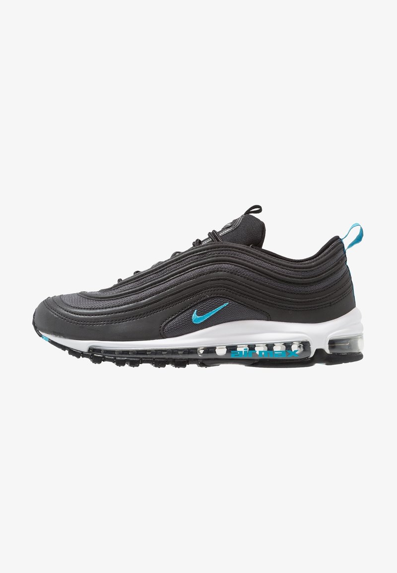 Tenisky Nike Air Max 97 s černošedým svrškem, texturovanými liniemi, tyrkysovými akcenty a viditelnou vzduchovou tlumící podrážkou.