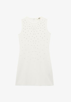 Witte mouwloze jurk met een soepele textuur en verspreide zwarte versieringen. Ronde halslijn, relaxte pasvorm en knielange ontwerp.