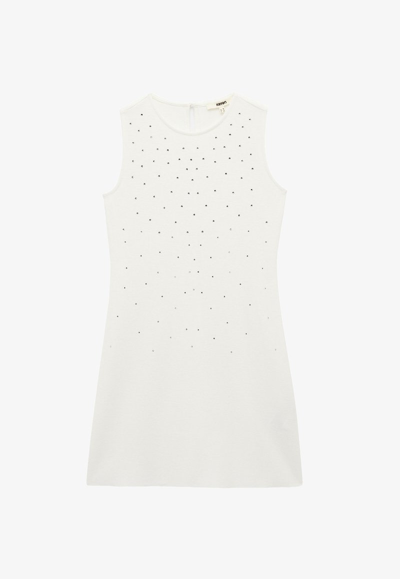 Weißes ärmelloses Kleid mit glatter Textur und verstreuten schwarzen Verzierungen. Rundhals-Ausschnitt, entspannte Passform und knielanges Design.