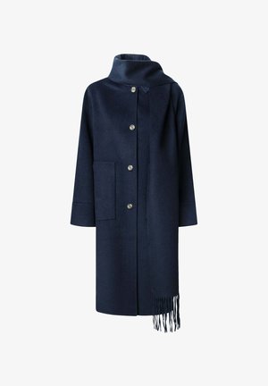 Marine uldfrakke med høj krave, fem knapper foran, to sidelommer og et tørklæde med frynser på den ene side. Glat tekstur og lige snit.