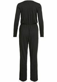 Combinaison noire à manches longues avec une coupe décontractée et une taille élastique. En tissu doux, elle présente des jambes droites et un col rond.