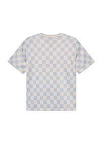 Short-sleeve t-shirt in mesh fabric featuring a light blue and white checkerboard pattern; round neckline with no additional accents.