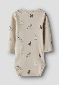 Body beige con coste a righe per bambini, a maniche lunghe, con una stampa giocosa di animali raffigurante zebre e gatti in marrone scuro e bianco.