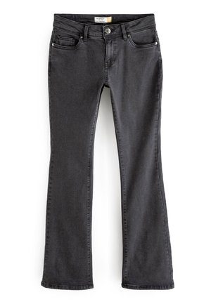 Zwarte bootcut jeans met knoop- en ritssluiting aan de voorkant, ontwerp met vijf zakken en riemlussen, plat gelegd op een witte achtergrond.