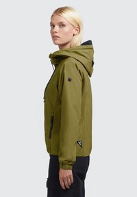 Olive green hooded jacket with a zip closure, elastic cuffs, and side pockets. Features a logo on the sleeve and a streamlined silhouette.