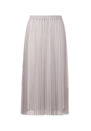 Pleated midi skirt in light gray, featuring an elastic waistband, sheer texture, and delicate, flowing design.