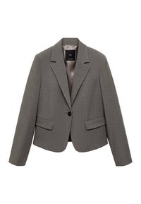 Harmaan räätälöity bleiseri, jossa on notch-lapelit, kaksi etutaskua, yksinkertainen nappisulku ja sileä sisävuori. Rakennepuuvillakangas klassisella muotoilulla.