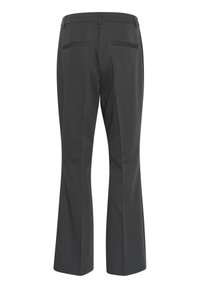 Šedé zvonové kalhoty s hladkým povrchem, obsahující dvě zadní kapsy a plochý pás. Design nabízí přizpůsobený střih.