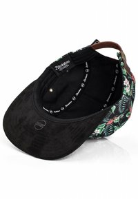 Black cap with floral pattern on the exterior, featuring a black suede brim and inner lining with logo details. Interior has a smooth texture.