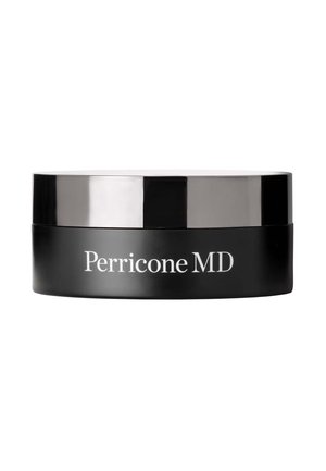 Pot cosmétique rond noir avec un couvercle argenté étiqueté "Perricone MD" centré sur un fond blanc.