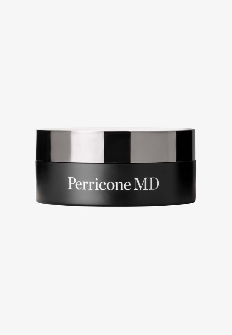 Pot cosmétique rond noir avec un couvercle argenté étiqueté "Perricone MD" centré sur un fond blanc.