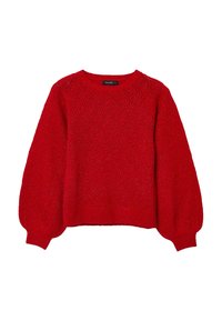Maglione rosso lavorato a maglia con motivo a rombi, maniche a palloncino, polsini e orlo a costine, e scollatura tonda.
