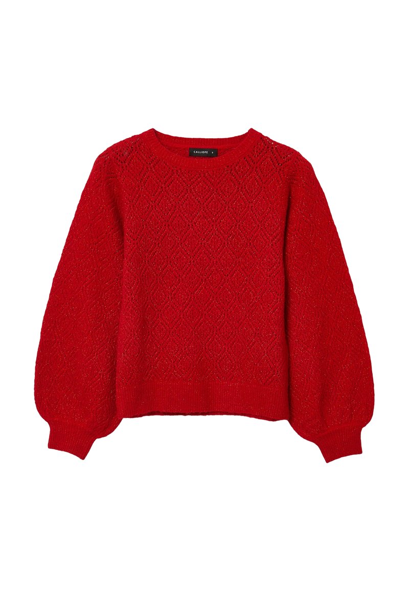 Maglione rosso lavorato a maglia con motivo a rombi, maniche a palloncino, polsini e orlo a costine, e scollatura tonda.