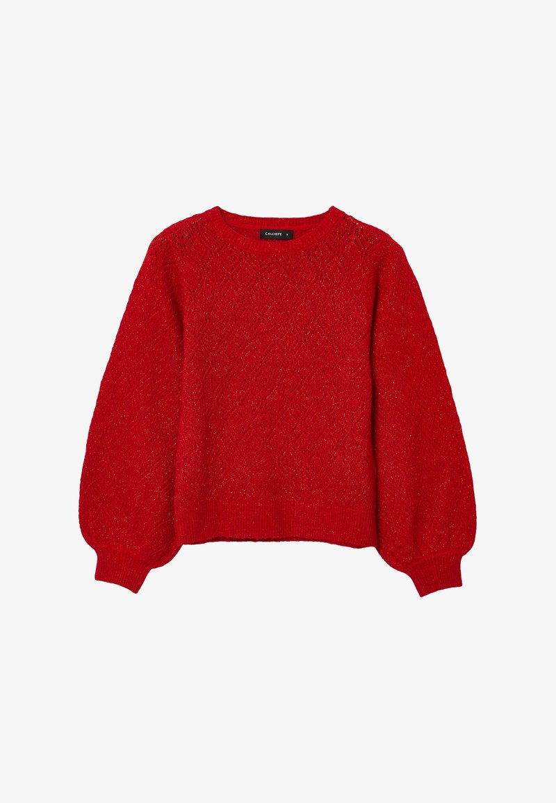 Maglione rosso lavorato a maglia con motivo a rombi, maniche a palloncino, polsini e orlo a costine, e scollatura tonda.