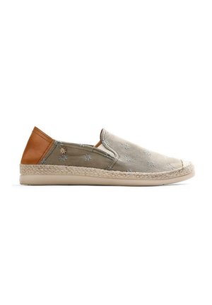 Zapato casual tipo slip-on con parte delantera de lona beige, laterales de tela marrón, parche de cuero en el talón, bordado de sol y entresuela de cuerda trenzada.