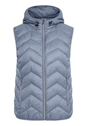 Lyseblå polstret vest med en chevron quiltet mønster, en hætte og en frontlynlås. Har to sidelommer med lynlåslukninger.