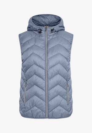 Lyseblå polstret vest med en chevron quiltet mønster, en hætte og en frontlynlås. Har to sidelommer med lynlåslukninger.