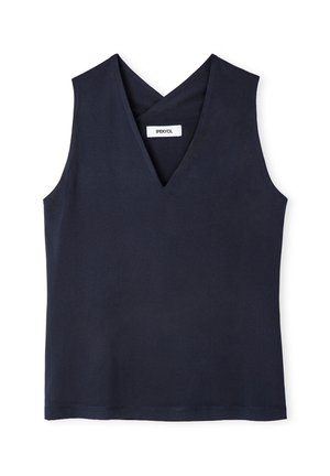 Marineblaues ärmelloses V-Ausschnitt-Top mit gekreuztem Detail am Ausschnitt, flach auf einem weißen Hintergrund dargestellt.